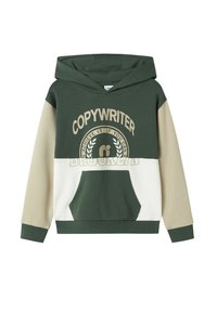Sweatshirt à capuche avec un design en blocs de couleur vert, beige et blanc, arborant le texte imprimé "COPYWRITER" et une poche kangourou à l'avant.
