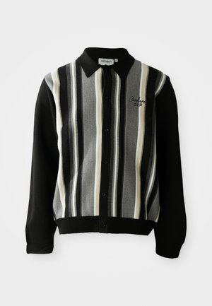 Sort cardigan med multikolorede lodrette striber i grå, hvid og sort. Har en knaplukning foran og broderet logo på brystet.