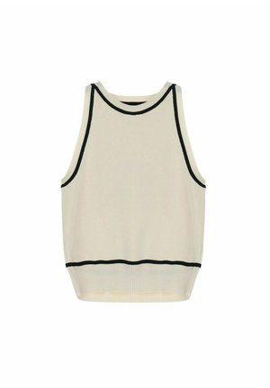 Gilet maglione crema senza maniche con bordo nero lungo lo scollo, le spalle e l'orlo.