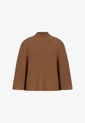 Bruine geribbelde gebreide trui met een hoge halslijn, brede mouwen en een ontspannen pasvorm. De gestructureerde stof voegt diepte toe aan het totale ontwerp.