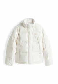 Chaqueta de plumas blanca con cuello alto, diseño acolchado y bolsillos con cremalleras. Fabricada con material texturizado y resistente al agua.