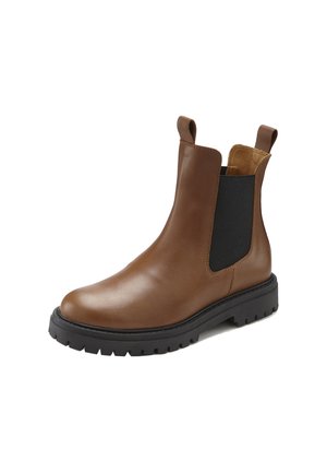 Braune Leder-Chukka-Stiefel mit elastischen seitlichen Einsätzen, glatter Oberfläche, runder Spitze und dicker schwarzer Gummisohle mit Profil.