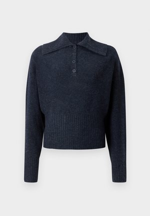 Donkerblauwe crop sweater met geribde kraag, lange mouwen en vijf knopen sluiting. Zachttextiel met een subtiel gemêleerd patroon.