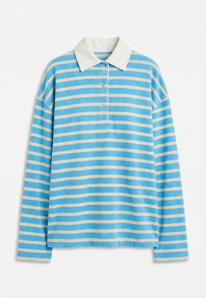 Langärmliges blau-weiß gestreiftes Shirt mit horizontalen Streifen, weißem Kragen und drei Knöpfen an der vorderen Leiste.