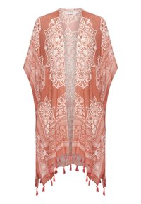 Lichtgewicht, roestkleurige kimono met een wit bloemmotief, een open voorkant en kwastaccenten aan de zoom en mouwen.