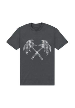 Gray cotton t-shirt featuring a white graphic of palm leaves and two crossed snakes in the center. Crew neck, short sleeves, standard fit.