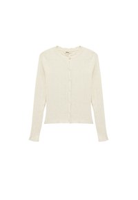 Gestreifter cremefarbener Cardigan mit Rundhalsausschnitt, Rüschensaum und Knopfverschluss. Lange Ärmel mit schmalen Bündchen und strukturiertem Stoff.