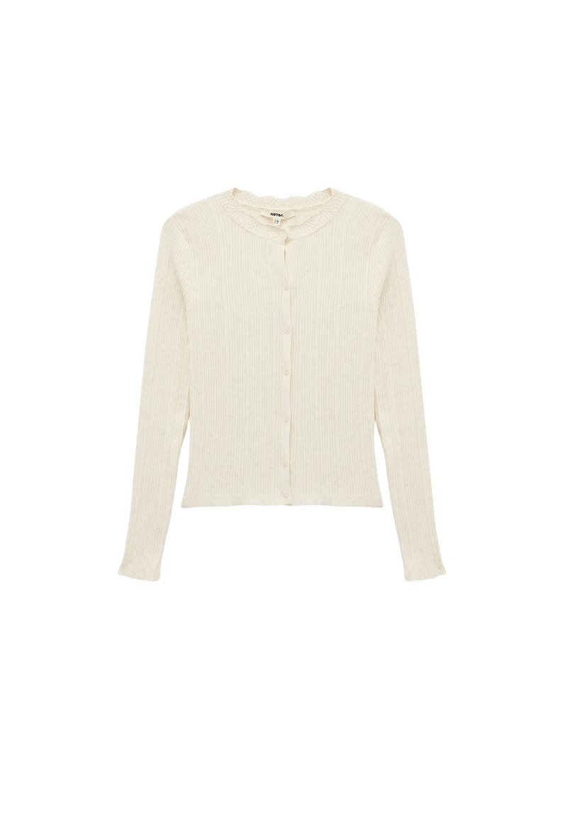 Gestreifter cremefarbener Cardigan mit Rundhalsausschnitt, Rüschensaum und Knopfverschluss. Lange Ärmel mit schmalen Bündchen und strukturiertem Stoff.
