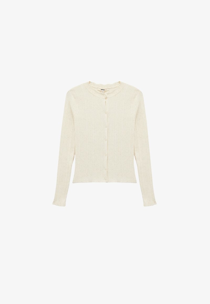 Gestreifter cremefarbener Cardigan mit Rundhalsausschnitt, Rüschensaum und Knopfverschluss. Lange Ärmel mit schmalen Bündchen und strukturiertem Stoff.