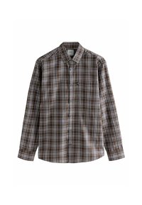 Bruin geruite overhemd met lange mouwen en button-down kraag, met contrasterende witte en lichtblauwe lijnen, en een enkele borstzak.