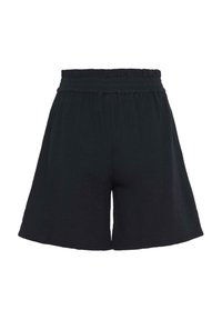 Schwarze Shorts mit einem elastischen Bund, aus strukturiertem Stoff, mit lockerer Passform und weiten Beinausschnitten. Keine sichtbaren Taschen oder Verzierungen.