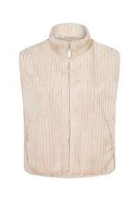 Kunstpelzweste in hellbeige mit hohem Kragen und vertikaler Rippstruktur. Vorderer Reißverschluss mit silbernem Zipper.