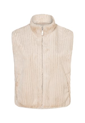 Kunstpelzweste in hellbeige mit hohem Kragen und vertikaler Rippstruktur. Vorderer Reißverschluss mit silbernem Zipper.