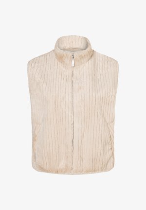 Kunstpelzweste in hellbeige mit hohem Kragen und vertikaler Rippstruktur. Vorderer Reißverschluss mit silbernem Zipper.