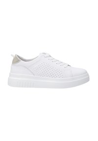 Weißer Sneaker mit perforierten Details an den Seiten, runder Zehenpartie und flacher Gummisohle. Mit einem silbernen Akzent an der Ferse.