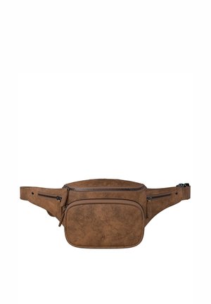 Brown leather waist bag with three zippered compartments and an adjustable strap with buckle closure.