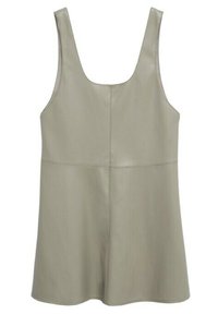 Robe sans manches en matière vert olive douce, avec une coupe décontractée, un col rond et des détails de couture minimalistes. Aucune pièce métallique visible.