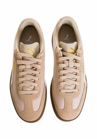 Zapatillas deportivas beige con parte superior de ante y malla, cordones planos, detalles TEXTURIZADOS y suela de goma marrón. Acentos dorados en el lateral.