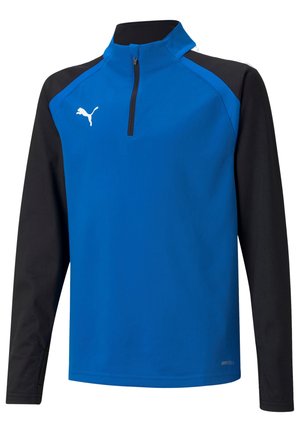 Blauwe quarter-zip pullover van lichtgewicht stof met zwarte mouwen. Voorzien van het Puma-logo en het "DryCell"-label nabij de zoom.