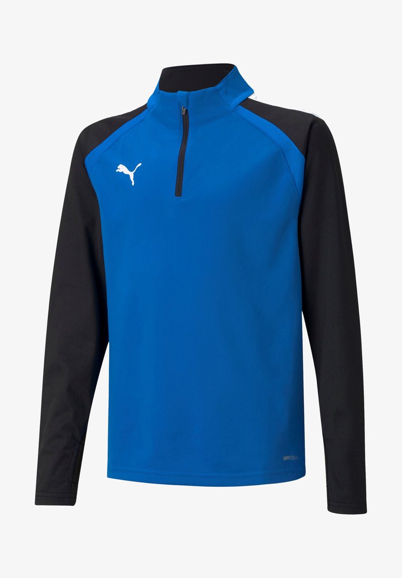 Pullover azzurro con zip a quarto in tessuto leggero e maniche nere. Presenta il logo Puma e l'etichetta "DryCell" vicino all'orlo.