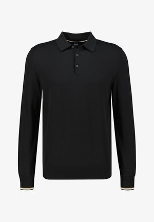 Black long-sleeve polo shirt featuring a classic collar, three-button placket, and ribbed cuffs with a contrast stripe. Smooth fabric texture.