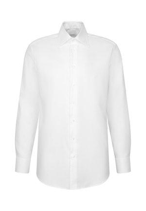 Biała koszula na długi rękaw z ostrym kołnierzykiem oraz zapinana na guziki z przodu i na mankietach, pokazana na jednolitym tle.