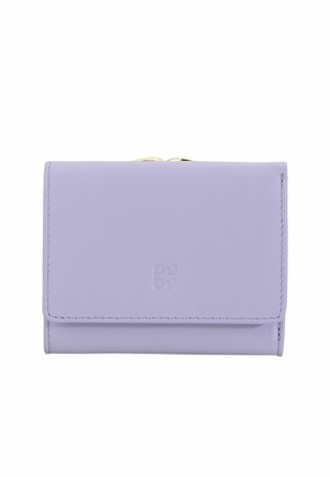 Portefeuille en cuir couleur lavande avec bords cousus et petit logo embossé « DU DU » centré sur le rabat avant.