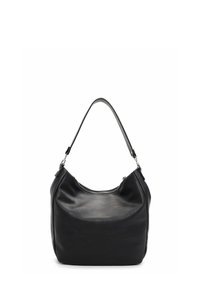 Musta nahkainen hobo-laukku, jossa on sileä pinta, pyöreä muoto, säädettävä hihna ja vetoketjullinen yläosan suljenta. Ei lisäkoristeita.