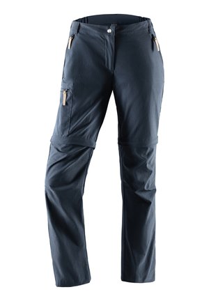 Navy blue outdoor pants made of lightweight fabric, featuring zippered pockets and a relaxed fit with adjustable cuffs at the ankles.