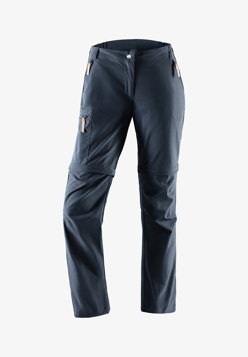 Marineblaue Outdoor-Hosen aus leichtem Stoff, mit Reißverschlusstaschen und einer lockeren Passform sowie verstellbaren Bündchen an den Knöcheln.
