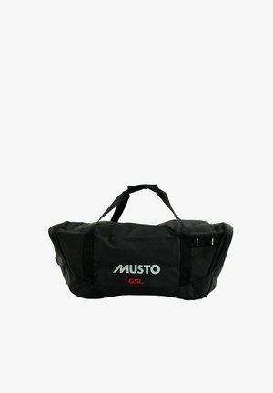 Sac de voyage noir avec doubles poignées, logo "MUSTO" et indication de capacité "65L" sur la poche avant.