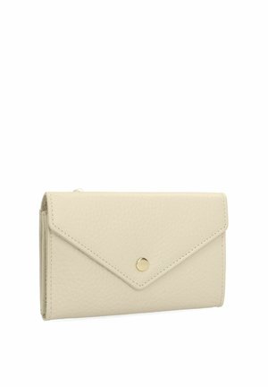 Beige leather wallet with envelope-style flap and single gold button closure, textured surface, rectangular shape.