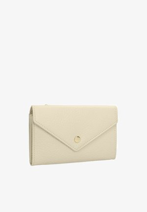 Portafoglio in pelle beige con patta stile busta e chiusura con singolo bottone dorato, superficie testurizzata, forma rettangolare.