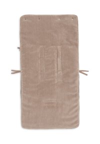 Coussin en velours côtelé beige avec une texture douce, présentant un motif côtelé vertical, des liens sur les côtés et deux fentes verticales pour un attache sécurisée.