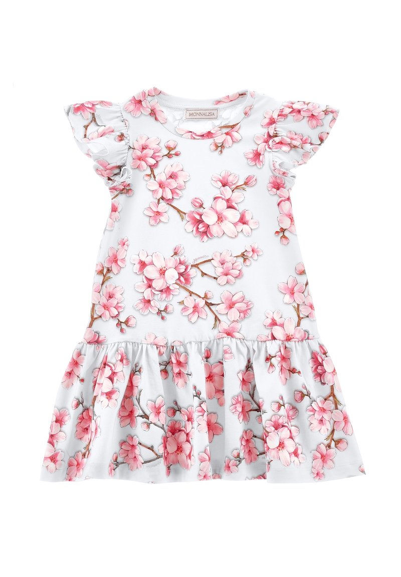 Abito floreale con sfondo azzurro chiaro, maniche corte con volant e motivo di fiori rosa. Presenta una gonna arricciata con orlo a volant.