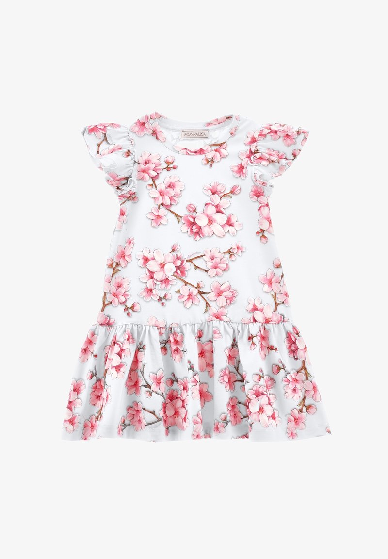 Abito floreale con sfondo azzurro chiaro, maniche corte con volant e motivo di fiori rosa. Presenta una gonna arricciata con orlo a volant.