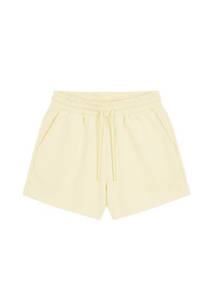 Jasnożółte krótkie spodenki z elastycznym pasem, sznureczkiem i bocznymi kieszeniami, styl casual, prosty wzór.