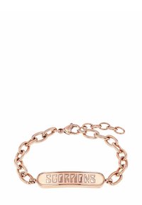 Pulsera de cadena en oro rosa con una barra curva y suave en la que está grabada la palabra "ESCORPIONES". Incluye un cierre de langosta y longitud ajustable.