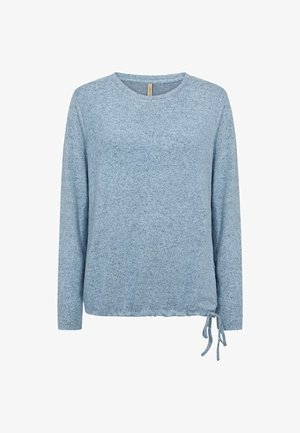 Helles blaues Langarmoberteil mit Rundhalsausschnitt, strukturiertem Stoff, Kordelzug am Saum und einer lockeren Passform.