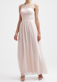 Maxi šaty v jemné růžové chiffon s plisovanou tělem a průhledným zdobeným výstřihem. Hladká textura, přiléhavý pas a splývavá sukně.
