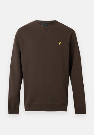 Barna hosszú ujjú környakú pulóver bordázott mandzsettákkal és szegéllyel, bal mellrészen egy kis sárga sas logóval.