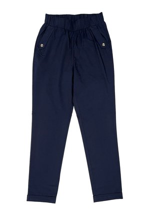 Námořnicky modré zúžené kalhoty s elastickým pasem, bočními kapsami s knoflíkovými klopy a manžetovými lemy.