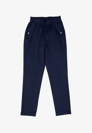 Námořnicky modré zúžené kalhoty s elastickým pasem, bočními kapsami s knoflíkovými klopy a manžetovými lemy.