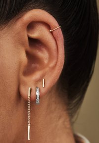 Gold and silver earrings on a human ear; includes a chain-link design with a rectangular bar and a smooth hoop with gemstone accents.