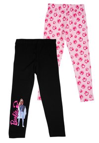 Set di leggings neri e rosa. I leggings neri presentano una grafica sulla gamba inferiore; i leggings rosa hanno un motivo ripetuto di cerchi rosa.