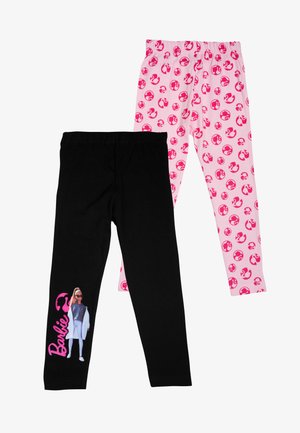 Set di leggings neri e rosa. I leggings neri presentano una grafica sulla gamba inferiore; i leggings rosa hanno un motivo ripetuto di cerchi rosa.