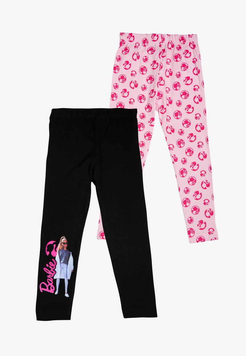 Set di leggings neri e rosa. I leggings neri presentano una grafica sulla gamba inferiore; i leggings rosa hanno un motivo ripetuto di cerchi rosa.