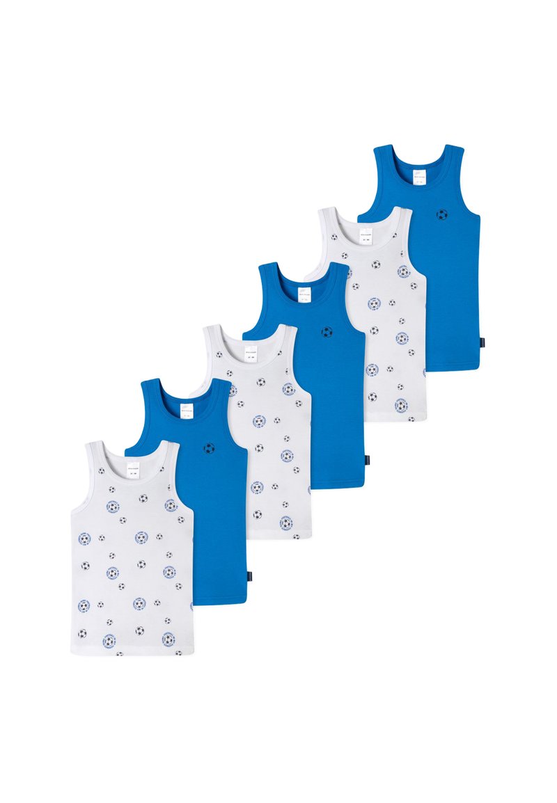 Set di sei canottiere in due colori: tre blu e tre bianche con motivo a palloni da calcio blu. Materiale in cotone, design senza maniche.