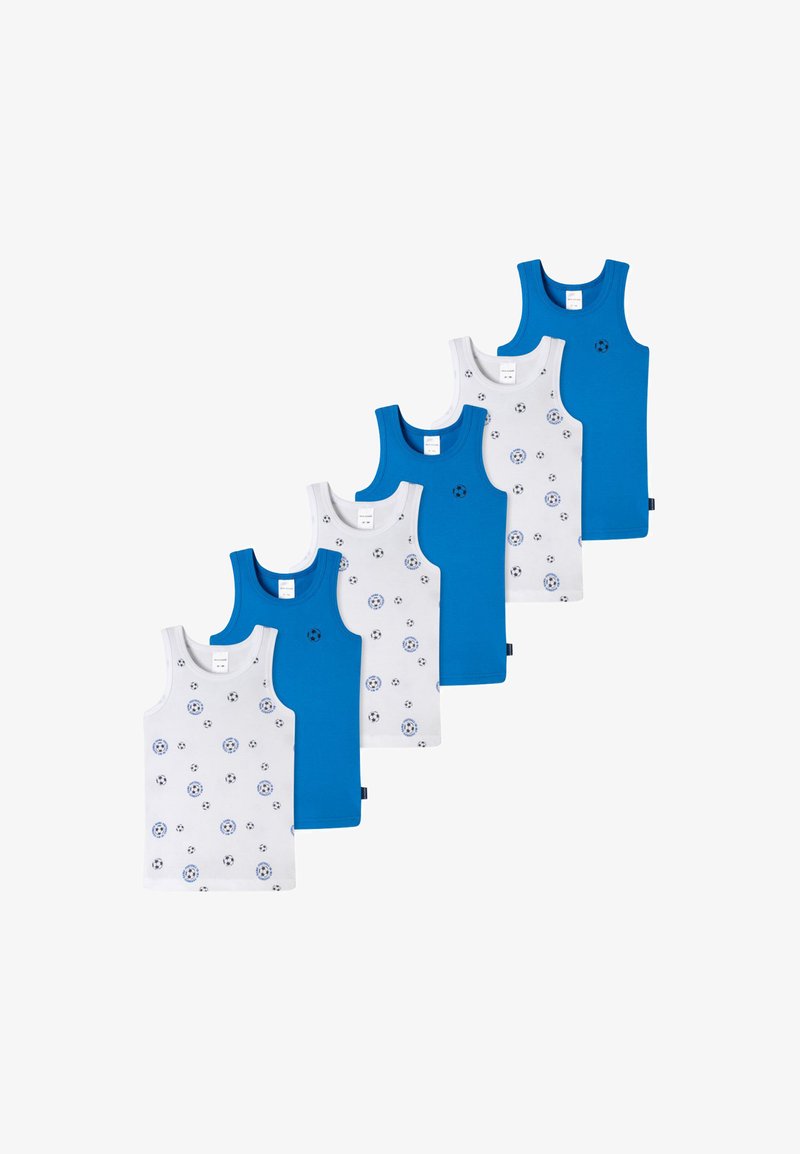 Set di sei canottiere in due colori: tre blu e tre bianche con motivo a palloni da calcio blu. Materiale in cotone, design senza maniche.