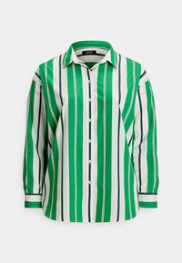 Camisa de manga comprida com botões, estampada com riscas verticais verdes, brancas e azul-marinho, com gola pontiaguda, exibida contra um fundo neutro.